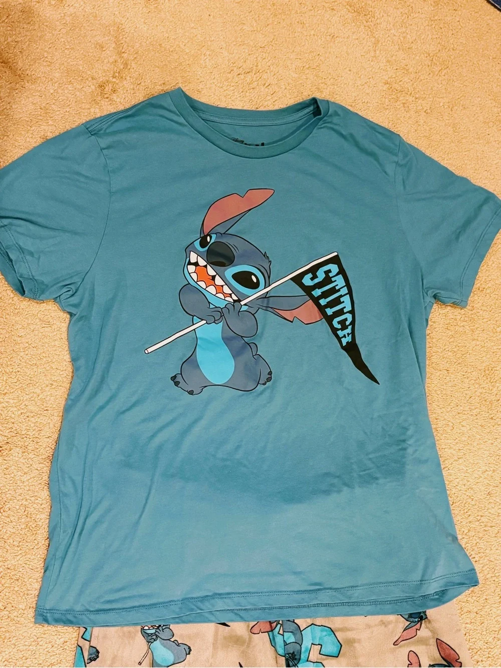 Lilo & Stitch Pajama Set Soft Gray and Blue Bittoms and Cotton T-shirt Size XL